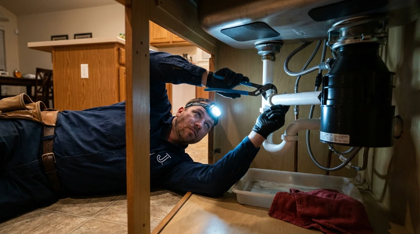 P-trap and supply line connections under a kitchen sink showing a common leak point in Franklin, GA